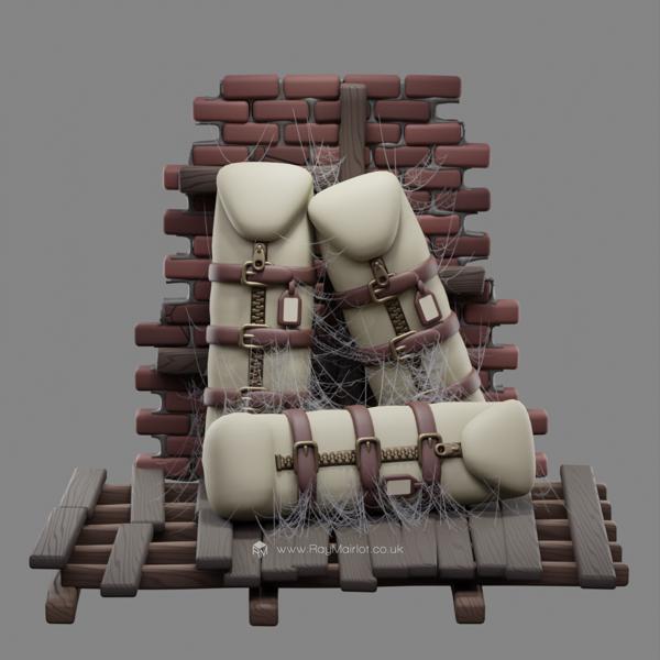 A cartoon 3D render of three body bags in an attic setting. Two body bags are leaning against a partial brick wall and one is on the bare floorboard floor.